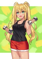 Rule 34 | 1girl, :d, bare arms, bare shoulders, black shirt, blonde hair, blush, breasts, collarbone, commentary request, cowboy shot, dark skin, dark-skinned female, dumbbell, dumbbell nan kilo moteru?, fang, green eyes, holding, long hair, looking at viewer, medium breasts, moyui (myi 005), open mouth, red shorts, sakura hibiki, shirt, short shorts, shorts, sidelocks, sleeveless, sleeveless shirt, smile, solo, sweat, tank top, twintails, v-shaped eyebrows