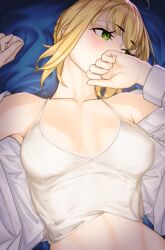 Rule 34 | 1girl, artoria pendragon (all), artoria pendragon (fate), blonde hair, blush, braid, breasts, camisole, covering face, eyelashes, fate/stay night, fate (series), french braid, green eyes, lying, on back, saber (fate), small breasts, solo, tamamoice, upper body