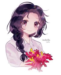 Rule 34 | 1girl, bad id, bad twitter id, black hair, blush, braid, chachaitea09, character name, closed mouth, colored skin, eyes visible through hair, flower, grey eyes, holding, holding flower, isabella (yakusoku no neverland), looking at viewer, neck tattoo, red flower, shirt, simple background, smile, solo, tattoo, tears, white background, white skin, yakusoku no neverland, yellow flower