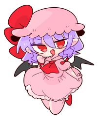 Rule 34 | 1girl, ascot, bat wings, bow, dress, fang, frills, hat, hat ribbon, highres, mob cap, op na yarou, pink dress, pink hat, puffy short sleeves, puffy sleeves, purple hair, red ascot, red bow, red eyes, red ribbon, remilia scarlet, ribbon, short hair, short sleeves, simple background, slit pupils, solo, touhou, white background, wings