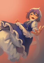Rule 34 | 1girl, apron, blue skirt, blue vest, blush, commentary request, foot out of frame, fujimi nao, hat, highres, letty whiterock, long sleeves, looking at viewer, open mouth, orange background, pants, purple eyes, purple hair, shirt, short hair, skirt, skirt set, smile, solo, touhou, vest, waist apron, white apron, white hat, white pants, white shirt