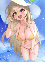 Rule 34 | 2girls, 82jhin, :d, absurdres, bare shoulders, bikini, blonde hair, blue archive, blue sky, breasts, cloud, commentary request, day, green eyes, hand up, hat, highres, large breasts, leaning forward, long hair, looking at viewer, multiple girls, navel, nonomi (blue archive), open mouth, sky, smile, solo focus, stomach, sun hat, swimsuit, thighs, very long hair, wading, water, white headwear, yellow bikini