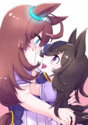 Rule 34 | 2girls, animal ears, blue eyes, blue headwear, blush, brown hair, face-to-face, fascinator, hair over one eye, hands on another&#039;s face, hat, height difference, highres, horse ears, horse girl, horse tail, long hair, looking at another, mihono bourbon (umamusume), mokamikamo, multiple girls, pleated skirt, puffy short sleeves, puffy sleeves, purple eyes, purple shirt, purple skirt, rice shower (umamusume), school uniform, shirt, short sleeves, skirt, tail, tilted headwear, tracen school uniform, umamusume