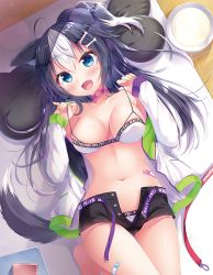Rule 34 | 1girl, :d, ahoge, animal ears, bare shoulders, barefoot, bikini, black hair, black shorts, blue eyes, bone hair ornament, breasts, choker, cleavage, collarbone, commentary request, dog ears, dog girl, dog tail, fang, green nails, hair ornament, hairclip, hands up, jacket, komiya hitoma, large breasts, long hair, long sleeves, looking at viewer, lying, multicolored hair, nail polish, navel, off shoulder, on back, one side up, open clothes, open fly, open jacket, open mouth, original, pillow, short shorts, shorts, smile, solo, stomach, strap pull, swimsuit, tail, thighs, two-tone hair, white bikini, white hair, white jacket