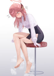 Rule 34 | 1girl, aru (blue archive), black skirt, blue archive, blush, brown horns, chair, closed mouth, collared shirt, demon horns, feet, full body, gloves, gradient background, halo, highres, horns, long hair, long sleeves, pantyhose, pencil skirt, pink hair, pink halo, rryiup, shirt, sitting, skirt, soles, solo, steam, white gloves, white shirt, yellow eyes