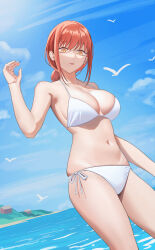 Rule 34 | 1girl, absurdres, bare arms, bare shoulders, bikini, blue sky, breasts, chainsaw man, cloud, commentary request, cowboy shot, day, highres, large breasts, long hair, looking at viewer, makima (chainsaw man), navel, ocean, red hair, side-tie bikini bottom, sky, solo, standing, stomach, swimsuit, thighs, water, white bikini, yellow eyes, yeming (yeming0529)