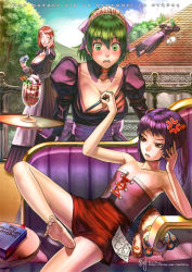 Rule 34 | 4girls, angry, armpits, b.c.n.y., bare shoulders, barefoot, blush, breast envy, breasts, cleavage, feet, flat chest, greek text, green eyes, green hair, large breasts, maid, multiple girls, original, purple hair, ranguage, red eyes, short hair, small breasts, twintails