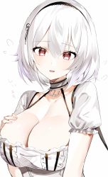 Rule 34 | 1girl, anchor choker, azur lane, breasts, choker, cleavage, collarbone, dress, eyelashes, flying sweatdrops, frilled choker, frilled dress, frilled sleeves, frills, hair between eyes, hairband, hand on own chest, hand up, highres, hoerutarou, lace-trimmed hairband, lace trim, large breasts, looking at viewer, puffy short sleeves, puffy sleeves, red eyes, short hair, short sleeves, simple background, sirius (azur lane), solo, upper body, white background, white dress, white hair