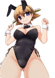 Rule 34 | 10s, 1girl, animal ears, bare shoulders, blue eyes, bow, bowtie, breasts, brown hair, cleavage, detached collar, fake animal ears, fishnet pantyhose, fishnets, from below, hiei (kancolle), highres, kantai collection, pantyhose, playboy bunny, rabbit ears, short hair, solo, tokihama jirou, wrist cuffs