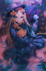 Rule 34 | 1girl, abigail williams (fate), black bow, black dress, black hat, blonde hair, bloomers, blue eyes, blush, bow, breasts, bug, butterfly, dress, fate/grand order, fate (series), forehead, hair bow, hat, insect, litmus9, long hair, long sleeves, looking at viewer, multiple hair bows, orange bow, parted bangs, polka dot, polka dot bow, ribbed dress, sleeves past fingers, sleeves past wrists, small breasts, smile, solo, stuffed animal, stuffed toy, teddy bear, underwear, white bloomers