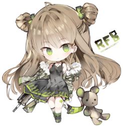 Rule 34 | 1girl, ahoge, bad id, bad pixiv id, black choker, black dress, blush, boots, bow, breasts, brown hair, bullpup, camouflage, camouflage jacket, character name, chibi, choker, commentary request, double bun, dress, full body, fur-trimmed jacket, fur trim, girls&#039; frontline, green bow, green eyes, green footwear, green jacket, green socks, gun, hair bow, hair bun, head tilt, jacket, kel-tec rfb, kotatu (akaki01aoki00), long hair, long sleeves, looking at viewer, name connection, object namesake, off shoulder, parted lips, puffy long sleeves, puffy sleeves, rfb (girls&#039; frontline), rifle, semi-automatic firearm, semi-automatic rifle, side bun, simple background, sleeveless, sleeveless dress, small breasts, smile, socks, solo, standing, striped clothes, striped socks, stuffed animal, stuffed toy, teddy bear, vertical-striped clothes, vertical-striped socks, very long hair, weapon, white background
