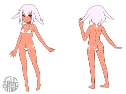 Rule 34 | 1girl, ass, bare arms, bare legs, bare shoulders, barefoot, bikini, breasts, closed mouth, dark-skinned female, dark skin, ear piercing, grey hair, hair between eyes, hand up, highres, kneepits, kuro kosyou, micro bikini, multiple views, navel, o-ring, o-ring bikini, o-ring bottom, o-ring top, original, piercing, red eyes, short eyebrows, simple background, small breasts, standing, swimsuit, thick eyebrows, white background, white bikini
