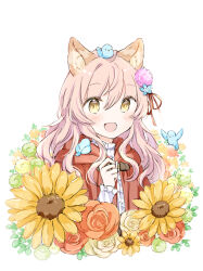 Rule 34 | 1girl, :d, animal, animal ear fluff, animal ears, animal on head, bird, bird on head, blue flower, brown eyes, capelet, center frills, commentary request, flower, frills, hair between eyes, hair flower, hair ornament, hair ribbon, hand up, hood, hood down, hooded capelet, long sleeves, on head, open mouth, original, pink flower, pink hair, red capelet, red flower, red ribbon, red rose, ribbon, rose, shirt, simple background, sleeves past wrists, smile, solo, sunflower, upper body, wataame27, white background, white shirt, wolf-chan (wataame27), wolf ears, yellow flower