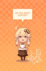 Rule 34 | 1girl, absurdres, ahoge, alternate color, alternate costume, alternate hair color, blonde hair, brown dress, checkered background, chibi, colored tips, criss-cross halter, cup, dress, english text, food-themed clothes, full body, hair ornament, halter dress, halterneck, highres, holding, holding cup, holding saucer, hood, hood down, hoodie, long hair, long sleeves, looking at viewer, multicolored hair, open clothes, open hoodie, open mouth, orange background, pink hair, purple eyes, saucer, shade of trees, short hair with long locks, signature, smile, solo, speech bubble, standing, straight-on, teacup, vocaloid, voiceroid, yellow hoodie, yuzuki yukari