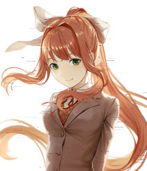 Rule 34 | 1girl, absurdres, brown hair, commentary, doki doki literature club, glitch, green eyes, grey jacket, hair ribbon, highres, jacket, long hair, looking at viewer, monika (doki doki literature club), ponytail, ribbon, school uniform, shi niao, sidelocks, simple background, smile, solo, upper body, white background, white ribbon