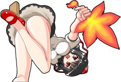 Rule 34 | 1girl, bad id, bad pixiv id, black hair, female focus, hand fan, hat, looking at viewer, mary janes, mono (moiky), open mouth, puffy sleeves, red eyes, shameimaru aya, shoes, short hair, short sleeves, solo, tokin hat, touhou, transparent background, upside-down