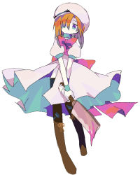 Rule 34 | 1girl, black thighhighs, blue eyes, boots, brown footwear, closed mouth, commentary request, cross-laced footwear, dress, full body, hat, higurashi no naku koro ni, holding, holding weapon, lace-up boots, medium hair, nata (tool), orange hair, puffy short sleeves, puffy sleeves, ryuuguu rena, short sleeves, simple background, solo, thighhighs, usagi nui, weapon, white background, white dress, white hat