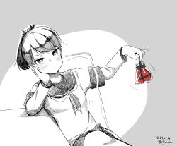 Rule 34 | 1girl, anchor symbol, bag, blush, box, chair, collarbone, commentary request, dated, hair ribbon, hand on own chin, head rest, heart-shaped box, holding, holding bag, infini, kantai collection, layered sleeves, long sleeves, looking at viewer, medium hair, monochrome, neckerchief, pleated skirt, ponytail, pout, ribbon, sailor collar, sailor shirt, shikinami (kancolle), shirt, short over long sleeves, short sleeves, simple background, sitting, skirt, solo, spot color, table, twitter username, valentine