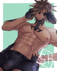 Rule 34 | 1boy, abs, au ra, bara, blue eyes, border, boxer briefs, brown hair, bulge, dark-skinned male, dark skin, dragon horns, erection, erection under clothes, final fantasy, final fantasy xiv, from below, green background, highres, horns, large pectorals, looking at viewer, male focus, male underwear, muscular, muscular male, navel, nipples, outside border, pectorals, shiroesa, short hair, solo, standing, topless male, underwear, warrior of light (ff14), white border