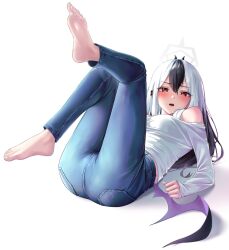 Rule 34 | 1girl, absurdres, barefoot, black hair, blue archive, blue pants, blush, demon wings, denim, grey hair, grey halo, hair between eyes, halo, highres, kayoko (blue archive), long hair, long sleeves, looking at viewer, ly 7317, open mouth, pants, red eyes, shirt, simple background, single wing, solo, white background, white shirt, wings