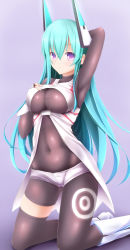 Rule 34 | 1girl, :o, absurdres, aqua hair, armpits, asymmetrical legwear, black thighhighs, blush, bodysuit, boots, borrowed character, breasts, cameltoe, clothing cutout, coat, collarbone, covered erect nipples, covered navel, evandragon, eyebrows, fingerless gloves, gloves, hair between eyes, headgear, highres, knee boots, kneeling, large breasts, long hair, looking at viewer, menou kaname (taishi), parted lips, pink eyes, purple background, short shorts, shorts, sidelocks, simple background, single thighhigh, skin tight, solo, tareme, tattoo, thighhighs, underboob cutout, uneven legwear, very long hair, white footwear, white gloves, white shorts