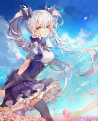Rule 34 | 1girl, arms at sides, bare shoulders, belt, black belt, black gloves, black ribbon, blue bow, blue bowtie, blue dress, blue sky, blue thighhighs, bow, bowtie, braid, breasts, closed mouth, cloud, cloudy sky, corset, cross-laced clothes, day, dress, flower, french braid, frilled skirt, frills, gloves, green eyes, hair between eyes, hair ribbon, high collar, highres, long hair, medium breasts, original, outdoors, petals, ribbon, samu (a117216), skirt, sky, sleeveless, sleeveless dress, smile, solo, standing, star (sky), sunlight, thighhighs, twintails, white hair, wind