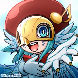 1girl blue_eyes digimon hat highres mask sirenmon solo wings