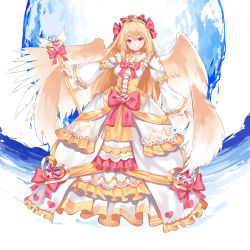 Rule 34 | 1girl, aoi (buzhuen444), blonde hair, bow, breasts, dress, hair bow, heart, long hair, long sleeves, looking at viewer, magical girl, medium breasts, multiple wings, original, puffy long sleeves, puffy sleeves, red bow, red eyes, smile, solo, staff, tiara, wings