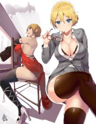 Rule 34 | 10s, 1girl, ass, backless dress, backless outfit, bag, bare back, black bra, black gloves, black thighhighs, blonde hair, blue eyes, bra, bra peek, braid, breasts, business suit, cleavage, collarbone, collared shirt, crossed legs, darjeeling (girls und panzer), dress, dual persona, elbow gloves, unworn eyewear, formal, girls und panzer, glasses, gloves, handbag, high heels, holding, holding removed eyewear, impossible clothes, impossible dress, lace, lace-trimmed bra, lace trim, large breasts, legs, looking at viewer, miniskirt, multiple views, pencil skirt, pinstripe pattern, pinstripe suit, red-framed eyewear, red dress, shirt, sitting, sitting backwards, skindentation, skirt, smile, straddling, striped, suit, thighhighs, thighs, unbuttoned, unbuttoned shirt, underwear, uo denim, white shirt, zettai ryouiki