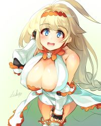 Rule 34 | 1girl, ahoge, areola slip, bare shoulders, black gloves, blonde hair, blue eyes, blush, breasts, cleavage, covered erect nipples, detached sleeves, female focus, fingerless gloves, from above, gloves, hair ornament, hairband, happy, kneehighs, large breasts, long hair, looking at viewer, open mouth, sevens story, skirt, socks, solo, standing, thighs, usuki (graygreed)