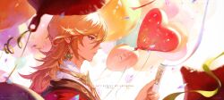 Rule 34 | 1boy, artist name, balloon, blonde hair, blurry, blurry foreground, cape, closed mouth, commentary, commentary request, confetti, earrings, english commentary, expressionless, eyelashes, genshin impact, hair between eyes, hand up, heart, heart balloon, highres, holding, holding photo, jewelry, kaveh (genshin impact), long hair, male focus, mixed-language commentary, necklace, novia (ze novia), photo (object), profile, red cape, red eyes, shirt, sidelocks, solo, streamers, twitter username, upper body, watermark, white shirt