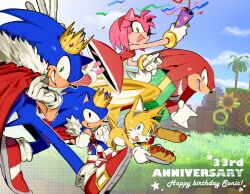 Rule 34 | 1girl, 4boys, absurdres, amy rose, animal ears, animal nose, anniversary, black eyes, blue eyes, cape, chili dog, commentary, crown, diamondx1704, dress, dual persona, english commentary, flying, food, fox boy, furry, furry female, furry male, gloves, green eyes, green hill zone, grin, hairband, happy birthday, helicopter tail, highres, holding, holding food, holding party popper, knuckles the echidna, looking at viewer, multiple boys, party popper, purple eyes, red cape, red dress, red footwear, red hairband, ring (sonic), screenshot background, sharp teeth, shoes, smile, sonic (series), sonic the hedgehog, sonic the hedgehog (classic), tail, tails (sonic), teeth, white gloves
