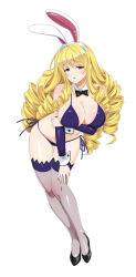 Rule 34 | 1girl, :o, animal ears, ariel foch, bikini, blonde hair, breasts, cle masahiro, cleavage, covered erect nipples, detached collar, drill hair, eyebrows, fake animal ears, full body, large breasts, leaning forward, long hair, official art, purple eyes, rabbit ears, side-tie bikini bottom, simple background, solo, standing, swimsuit, thighhighs, valkyrie drive, valkyrie drive -siren-, white background