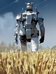 Rule 34 | arms at sides, blue sky, cloud, cloudy sky, contrail, day, gundam, gundam msv, highres, looking at viewer, mobile suit, mobile suit gundam, no humans, outdoors, prototype gundam, red eyes, rintaro komori, robot, science fiction, sky, solo, v-fin, walking, wheat field