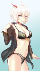 Rule 34 | 1girl, absurdres, animal ears, bikini, black bikini, black jacket, bloom, blue eyes, cat ears, eyebrows hidden by hair, fang, feet out of frame, final fantasy, final fantasy xiv, from side, gradient background, highres, jacket, light smile, looking at viewer, midriff, miqo&#039;te, nail polish, navel, neck tattoo, open mouth, see-through, see-through jacket, short hair, simple background, solo, swimsuit, tattoo, upper body, white hair, y&#039;shtola rhul