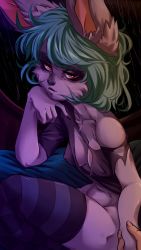 Rule 34 | 1girl, absurdres, breasts, cleavage, colored skin, covered erect nipples, fluffy, green hair, grey skin, highres, holding hands, league of legends, looking at viewer, monster girl, plague of gripes, purple eyes, sharp nails, thighhighs, vex (league of legends), yordle