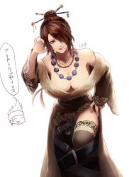 Rule 34 | 1boy, 1girl, bare shoulders, belt, black belt, black dress, black thighhighs, breasts, brown hair, cleavage, closed mouth, collarbone, downblouse, dress, eyeshadow, final fantasy, final fantasy x, fingernails, fur trim, hair ornament, hair over one eye, hair stick, hand on own hip, hand up, jewelry, large breasts, lipstick, long hair, long sleeves, looking at viewer, lulu (ff10), makeup, nail polish, necklace, off-shoulder dress, off shoulder, purple lips, purple nails, red eyes, sasanomesi, simple background, smile, solo focus, thighhighs, thighs, wakka, white background, wide sleeves