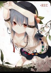 Rule 34 | 1girl, bent over, blue hair, breasts, cherry blossoms, collarbone, downblouse, female focus, food, fruit, hat, highres, hinanawi tenshi, letterboxed, long hair, looking at viewer, nipple slip, nipples, no bra, peach, puffy sleeves, recording, red eyes, shirt, short sleeves, skirt, small breasts, solo, touhou, tree, twig, yukima (yushika)