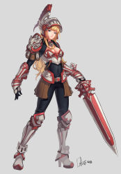 Rule 34 | 1girl, absurdres, armor, armored dress, bad id, bad pixiv id, blonde hair, blue eyes, bodystocking, breasts, cleavage, dduck kong, full body, gloves, helm, helmet, highres, long hair, looking at viewer, original, signature, solo, standing, sword, weapon