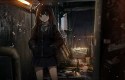 Rule 34 | 1girl, alley, asicah, bag, black coat, blunt bangs, blurry, blurry background, blurry foreground, brown hair, city, city lights, closed mouth, coat, collared shirt, cowboy shot, depth of field, earrings, expressionless, glint, green eyes, green necktie, hands in pockets, idolmaster, idolmaster cinderella girls, industrial pipe, jewelry, legs apart, long hair, long sleeves, looking at viewer, miniskirt, necktie, night, night sky, outdoors, over shoulder, school bag, school uniform, shibuya rin, shirt, sign, skirt, sky, solo, standing, striped necktie, striped neckwear, trash, wing collar