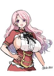 Rule 34 | 1girl, aiguillette, armpit cutout, black ribbon, breasts, clothing cutout, cropped arms, hand on own hip, kantai collection, large breasts, long hair, looking at viewer, luigi di savoia duca degli abruzzi (kancolle), military uniform, multicolored hair, neck ribbon, pink eyes, pink hair, red hair, red shirt, red skirt, ribbon, shirt, sideboob, skirt, smile, solo, streaked hair, suke (share koube), twitter username, uniform