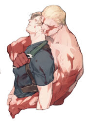 Rule 34 | 2boys, bara, black shirt, blonde hair, blood, blood on face, brown hair, couple, highres, holding, holding knife, holding weapon, injury, jack krauser, knife, knife sheath, leon s. kennedy, male focus, multiple boys, muscular, muscular male, resident evil, resident evil 4, resident evil 4 (remake), sheath, sheathed, shirt, short hair, simple background, topless male, upper body, vetania, weapon, white background, yaoi