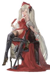 Rule 34 | 1girl, a-545 (bloom of the drunken tea) (girls&#039; frontline), a-545 (girls&#039; frontline), absurdres, black footwear, black thighhighs, blue eyes, boots, bottle, breasts, brown thighhighs, chinese commentary, commentary request, dress, envelope, full body, fur trim, girls&#039; frontline, gun, high heel boots, high heels, highres, holding, holding bottle, holding envelope, long hair, looking at viewer, medium breasts, messikid, official alternate costume, parted lips, platinum blonde hair, red dress, simple background, sitting, smile, solo, thigh boots, thighhighs, thighhighs under boots, twintails, very long hair, weapon, white background