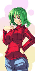 Rule 34 | 1girl, alternate costume, bad id, bad pixiv id, breasts, contemporary, denim, female focus, green hair, hand on own hip, hip focus, impossible clothes, impossible shirt, impossible sweater, jeans, karanotsuki, kazami yuuka, large breasts, pants, plaid, red eyes, shirt, short hair, solo, sweater, toono yayoi, touhou, turtleneck