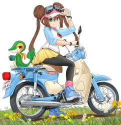 Rule 34 | 1girl, 1other, adjusting eyewear, ass, berry (pokemon), black pantyhose, blue eyes, blue footwear, blue sleeves, bow, breasts, brown hair, commentary request, creatures (company), double bun, eyebrows visible through hat, flower, food, fruit, full body, game freak, gen 5 pokemon, gloves, goggles, goggles on headwear, grass, hair between eyes, hair bun, hat, highres, holding, holding food, holding fruit, honda, honda super cub, large breasts, long hair, looking at viewer, mikeran (mikelan), motor vehicle, motorcycle, nintendo, on motorcycle, oran berry, panties, panties under pantyhose, pantyhose, pantyhose under shorts, pink bow, poke ball print, pokemon, pokemon (creature), pokemon bw2, raglan sleeves, riding, rosa (pokemon), shadow, shirt, shoes, short shorts, shorts, sidelocks, simple background, sitting, smile, sneakers, snivy, twintails, underwear, very long hair, visor cap, watch, white background, white gloves, white shirt, wristwatch, yellow shorts