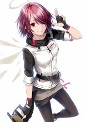 Rule 34 | 1girl, arknights, black gloves, black pantyhose, black sleeves, closed mouth, dabadhi, exusiai (arknights), fingerless gloves, gloves, hair over one eye, highres, holding, jacket, leg up, looking at viewer, pantyhose, red eyes, red hair, short hair, simple background, smile, solo, white background, white jacket