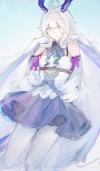 Rule 34 | 1girl, blonde hair, blue hair, blue skirt, breasts, cape, colored tips, commentary, cowlick, detached sleeves, english commentary, enna alouette, enna alouette (1st costume), fichu, gradient background, head wings, highres, looking at viewer, multicolored hair, muted color, nijisanji, nijisanji en, pantyhose, shirt, skirt, small breasts, smile, solo, virtual youtuber, white cape, white pantyhose, white shirt, wings