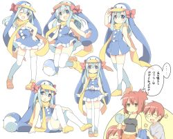 Rule 34 | 1boy, 3girls, :d, blue eyes, blue hair, blush, breasts, closed mouth, commentary request, copyright request, dress, closed eyes, frills, glasses, hand fan, hand on own hip, hat, long hair, looking at viewer, mary janes, multiple girls, neneko-n, open mouth, penguin hat, ponytail, red hair, scarf, shirt, shoes, short hair, simple background, sitting, skirt, smile, t-shirt, tank top, thighhighs, towel, white background, white legwear, yellow footwear, yellow scarf