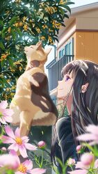 Rule 34 | 1girl, absurdres, black hair, black jacket, blurry, blurry foreground, building, cat, closed mouth, day, flower, gold osmanthus, highres, house, jacket, long hair, michinoku (hiking miusan18), original, outdoors, plant, profile, purple hair, smile, solo