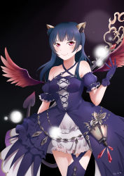 Rule 34 | 1girl, absurdres, animal ears, artist name, artist request, bare legs, bare shoulders, black gloves, black hair, black thighhighs, blue dress, blue hair, blue skirt, blush, breasts, cat ears, cat tail, cleavage, collarbone, cross-laced clothes, cross-laced dress, dress, fake animal ears, female focus, frilled skirt, frills, gloves, hair bun, highres, key, lantern, long hair, looking at viewer, love live!, love live! school idol festival, love live! sunshine!!, parted lips, puffy short sleeves, puffy sleeves, purple eyes, red wings, shadowverse, short hair, short sleeves, single glove, single hair bun, skirt, smile, solo, tail, thighhighs, thighs, tsushima yoshiko, v, v over eye, white skirt, wings, yuki (rfi5607)